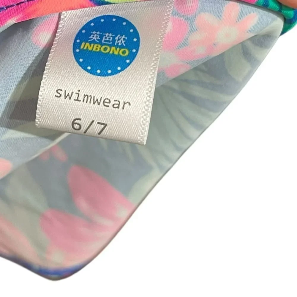 Inbono Girl’s Blue and Pink 2 Piece Swimsuit with‎ Ruffle Detail, Size 6-7, NWT
